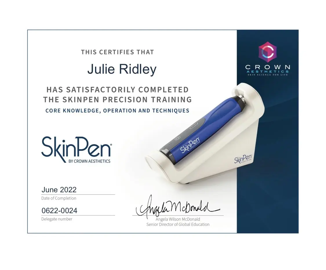 Julie Ridley's SkinPen Precision training certificate from Crown Aesthetics, dated June 2022